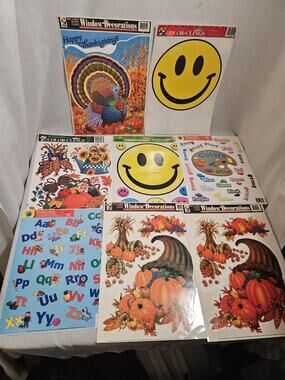 Window Cling Sheets Lot Of 8 - Thanksgiving, Colors, Letters, Smiley Faces